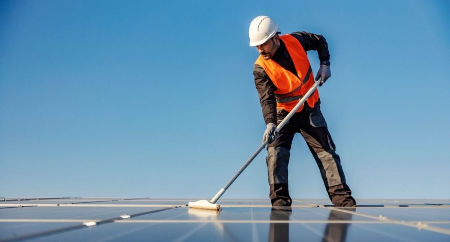 profissional realizando a limpeza de painéis solares